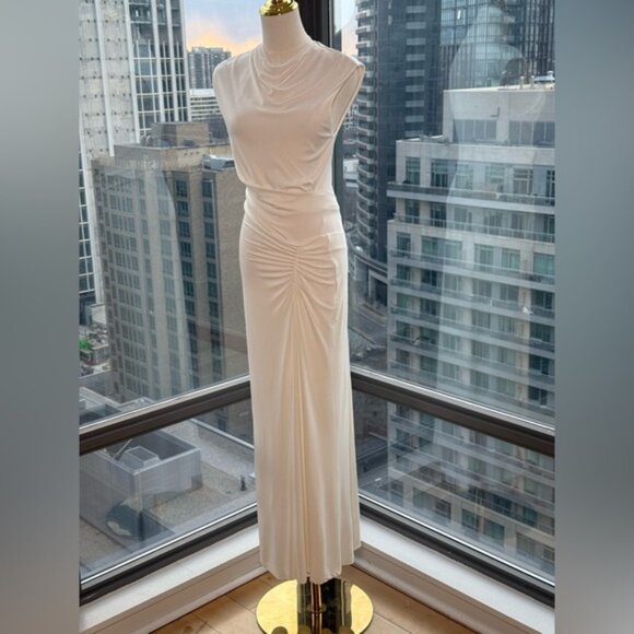 🆕 SIMKHAI 🧿 NWOT Acacia Draped Ruched Jersey Midi Dress, Ivory - Sz S - Picture 3 of 15